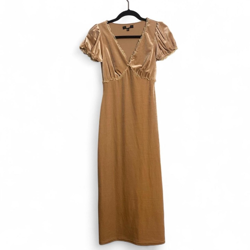 NWOT Tan Velvet Fairy Empire Waist Stretchy Bodycon Cap Sleeve Midi Dress, Sz S.